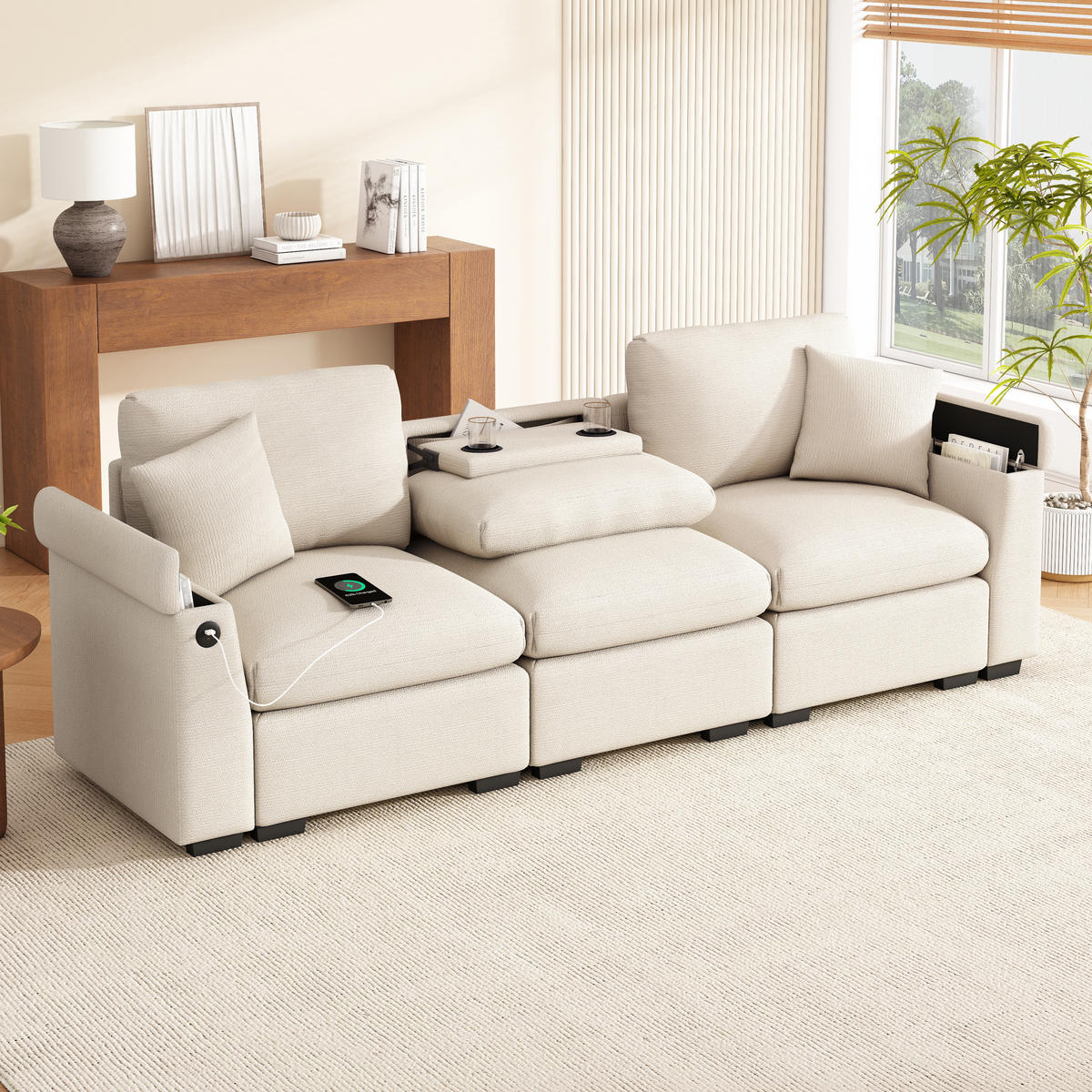3-SITZER SOFA Chenille Beige mit Stauraum, USB und Klapptisch - Beige, Holzwerkstoff/Kunststoff (242/99/80cm) - WISHDOR