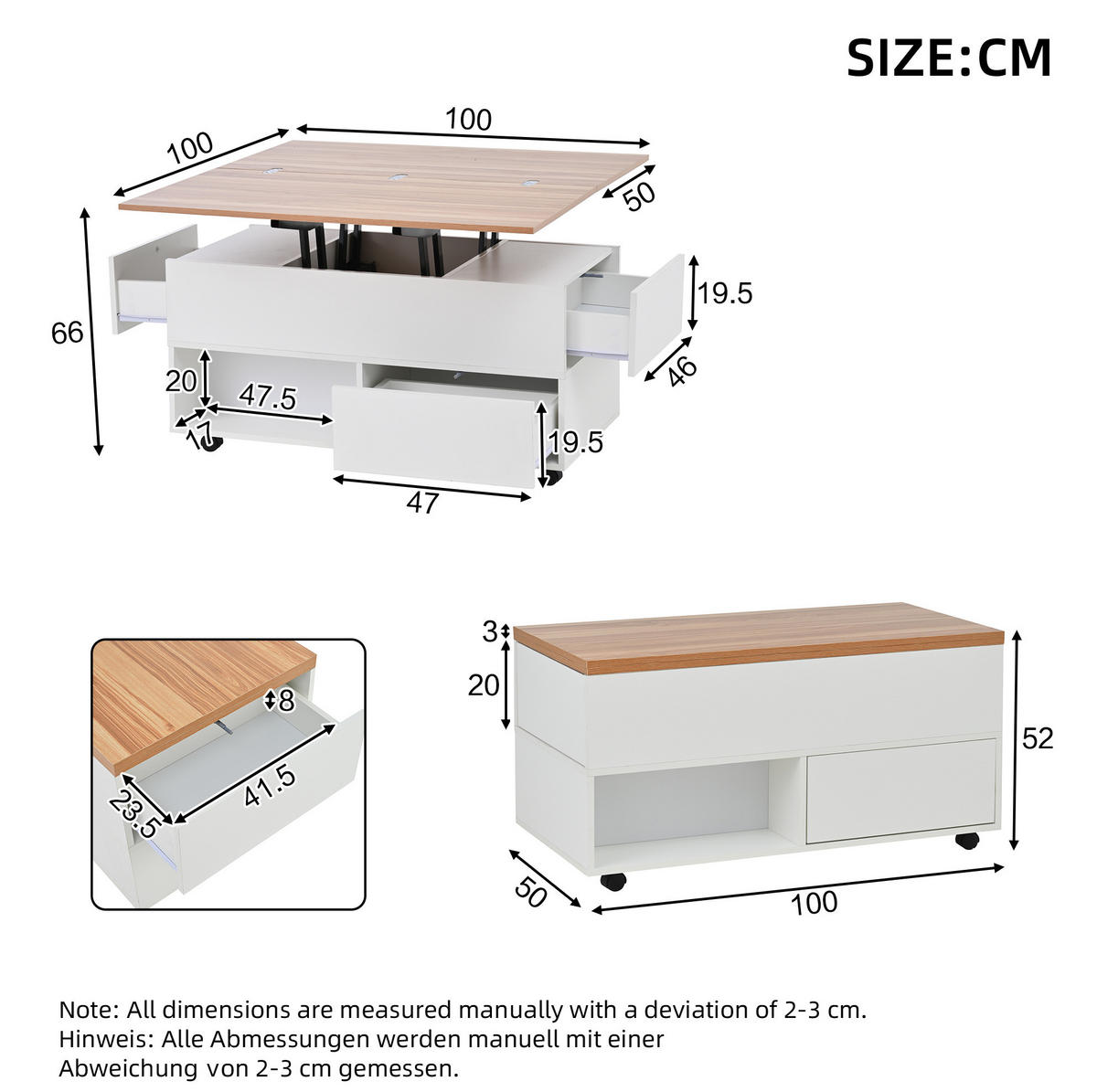 COUCHTISCH höhenverstellbar 100 x 50 cm Weiß/Holzfarbe mit 4 Schubladen - Weiß, Holzwerkstoff (100/50/52cm) - Meubliv