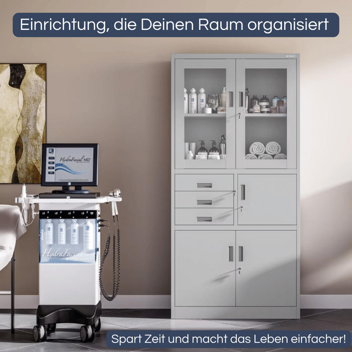 VITRINENSCHRANK abschließbar GEDO mit Tresor 185x90x40cm Grau - Grau, Metall (90/185/40cm) - DELUKE