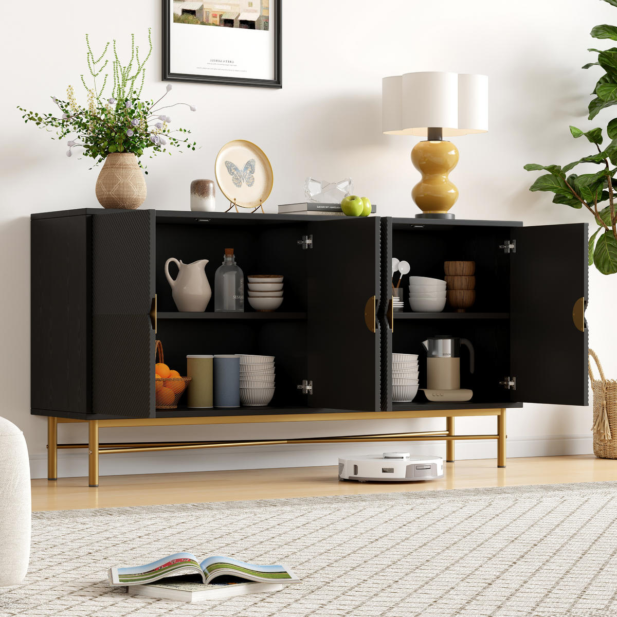 SIDEBOARD Schwarz 4 Türen Gold Griffe Hochglanz 160x40x82cm - Schwarz, Holzwerkstoff (40/82/160cm) - FLIEKS