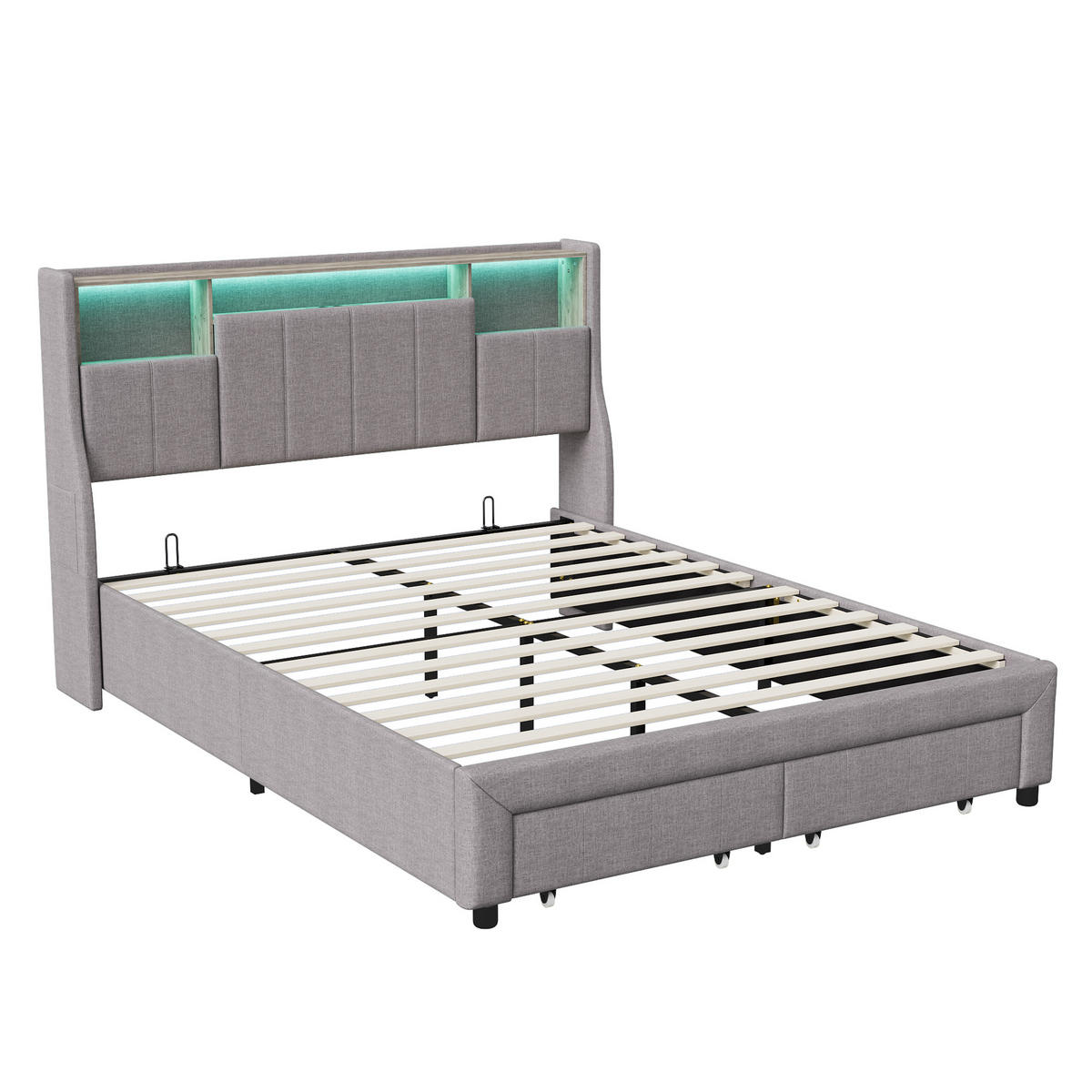 POLSTERBETT 140x200 cm mit 2 Schubladen & USB, grau - Grau, Metall (140/200cm)