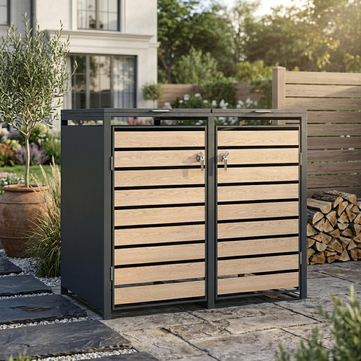 MÜLLTONNENVERKLEIDUNG Liverpool - Mülltonnenbox für 2 - in Holzoptik - , Stahl pulverbeschichtet verzinkt, anthrazit - Grau, Metall (132/116/80cm) - TPFGarden