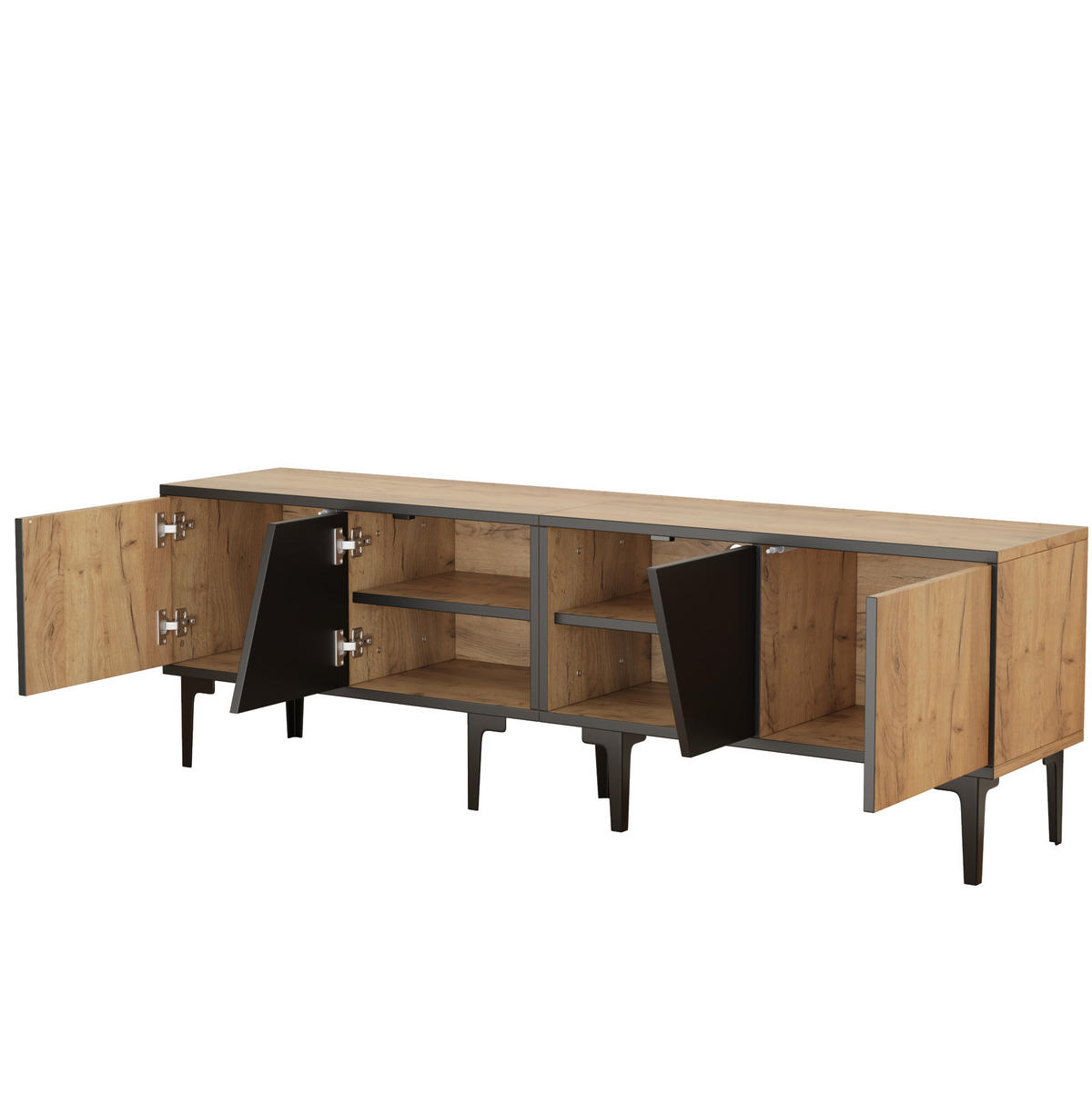 TV ormarić od iverice 160x36,5x45 cm prirodna boja i crna s 4 pretinca i 7 PVC nogu, za TV do 65" - svijetlo smeđa, drvni materijal (160/45/36.5cm) - Modfu