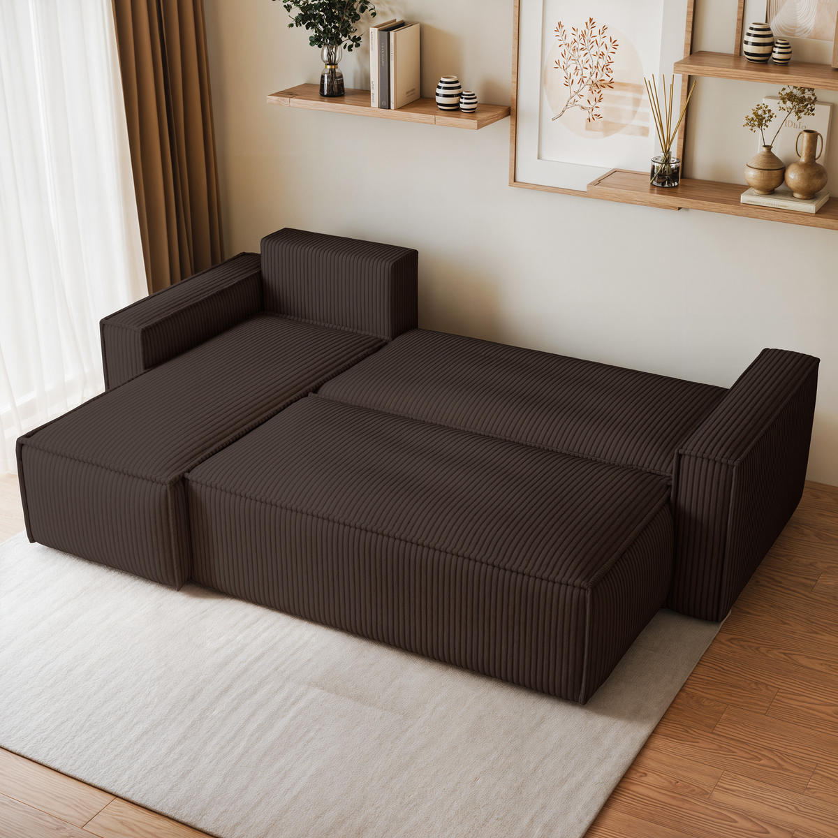 ECKSOFA RAVELO P Braun Kordstoff mit Schlaffunktion - Braun, Holz (240/140cm) - MASSENO