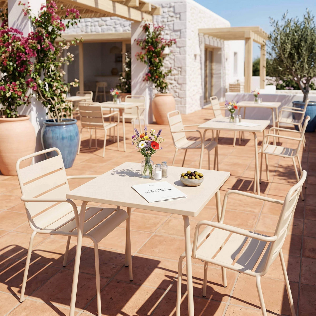 GARTENSET 3-tlg., Elfenbeinfarbe - Beige, Metall - Oviala