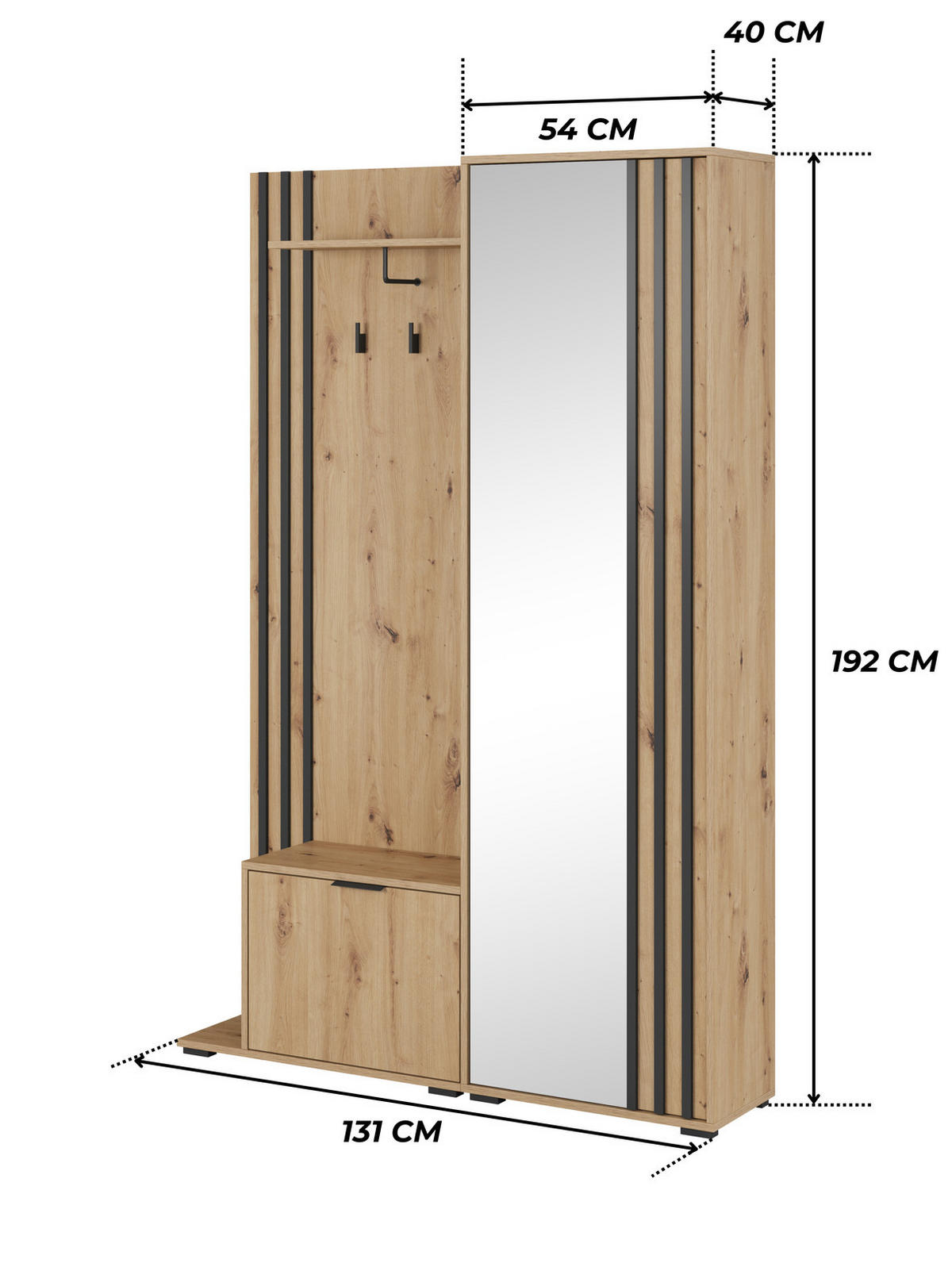 GARDEROBE STILO 131 cm (Artisan Eiche, Schwarze Lamellen, Spiegel, Metallgriffe) - Schwarz/Eiche Artisan, Holz/Holzwerkstoff (131/192/40cm) - Ravio