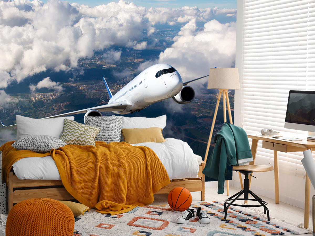 FOTOTAPETE für Jugendzimmer Flugzeug Start Wolken Himmel 200x140 - Blau/Beige, Papier (200/140cm) - Muralo