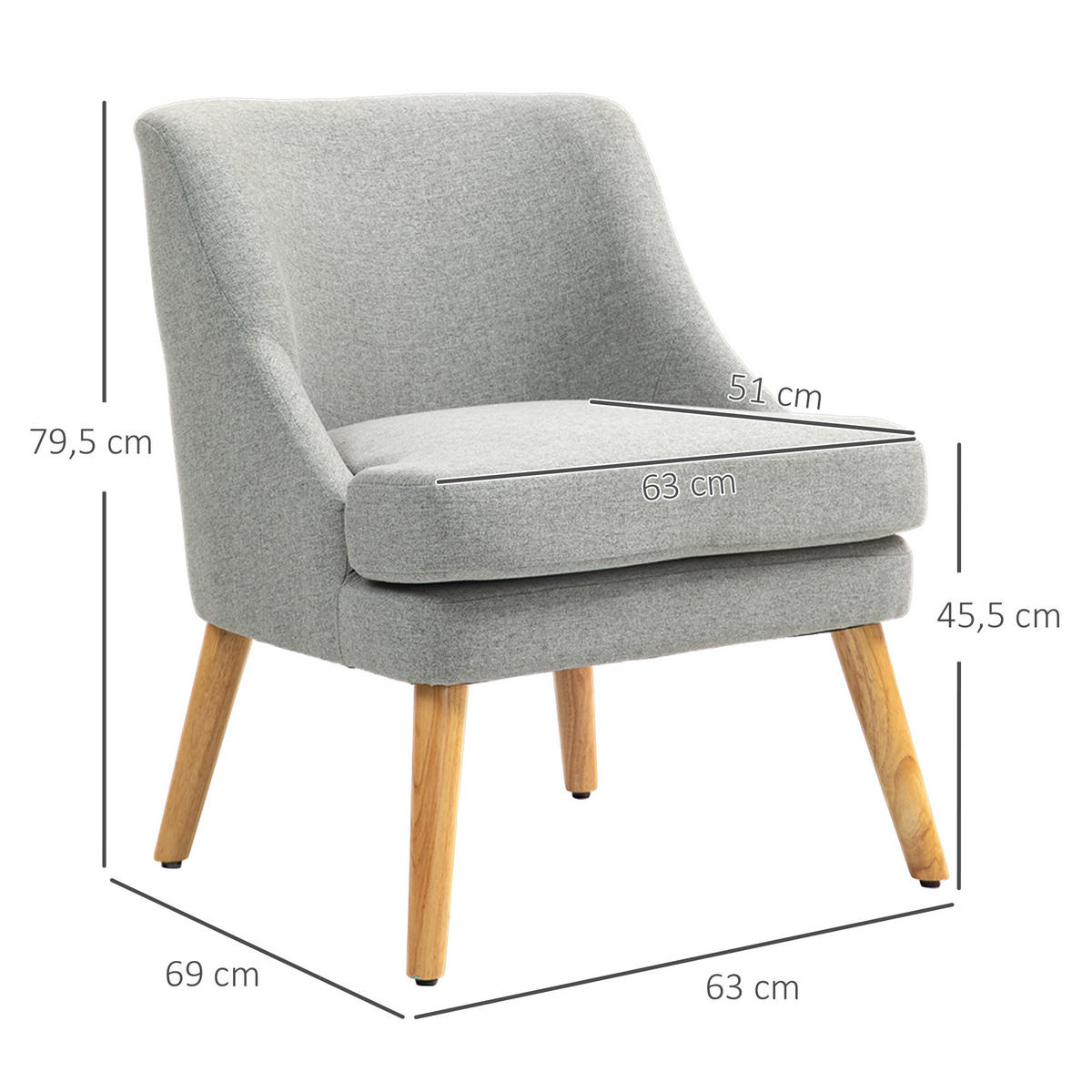GEPOLSTERTE Loungesessel, Armlehne, Holzbeine, für Wohnzimmer, Schlafzimmer - Hellgrau, Kunststoff (69/79.5/63cm) - HOMCOM