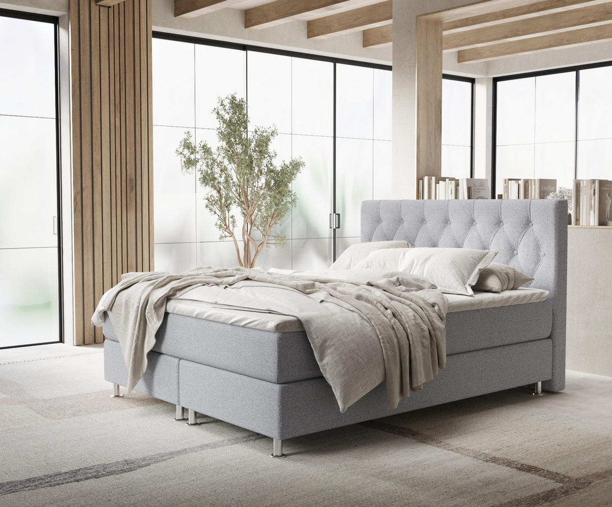 BOXSPRINGBETT Excelsior Hellgrau 200/200 cm mit Latex-Topper - Silberfarben/Hellgrau, Holz/Holzwerkstoff (200/200cm) - Maison de Reve