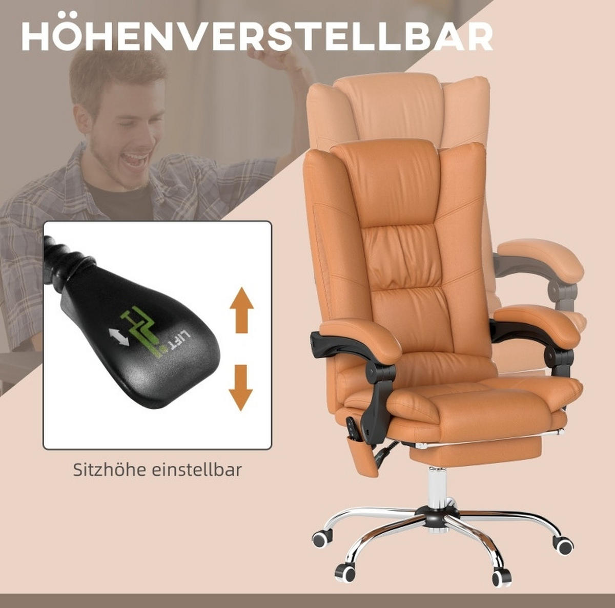 BÜROSTUHL in Braun 70x64x118 cm mit Massage, Wärmefunktion und verstellbarer Rückenlehne - Braun, Kunststoff (64/118/70cm) - IVMEU