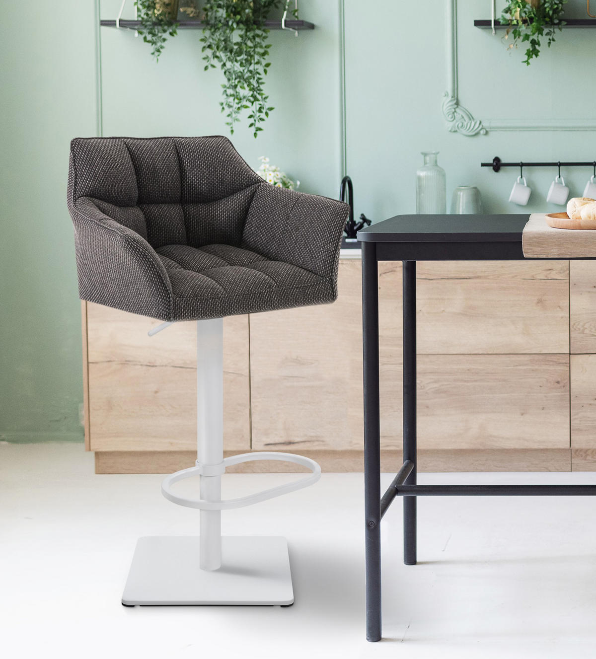 BARHOCKER 2er Set Damaskus Stoff weiß titangrau - Weiß/Grau, Textil/Metall (64/110/48cm) - TPFLiving