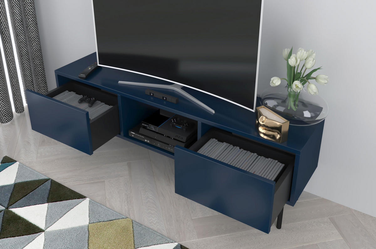 LOWBOARD Mirka, Marinblau, Push to Open System, Minimalistisch - Schwarz/Dunkelblau, Holzwerkstoff/Metall (130/47/35cm) - Dancan