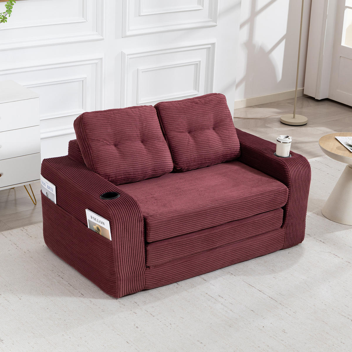 SCHLAFSOFA in Rotwein Cord mit Getränkehalter und Seitentaschen - Weinrot, Textil (136/82.5/80cm) - Oxeza