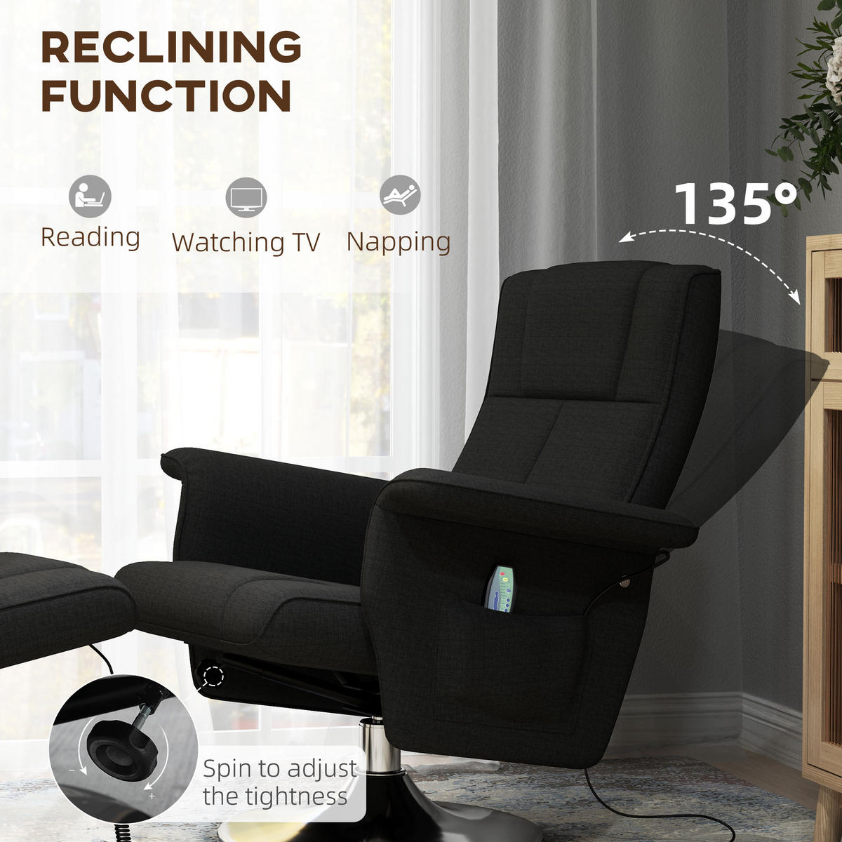 MASSAGESESSEL mit Fußhocker, elektrischer Relaxsessel mit Liegefunktion Schwarz - Schwarz, Textil/Metall (95/88/78cm) - HOMCOM