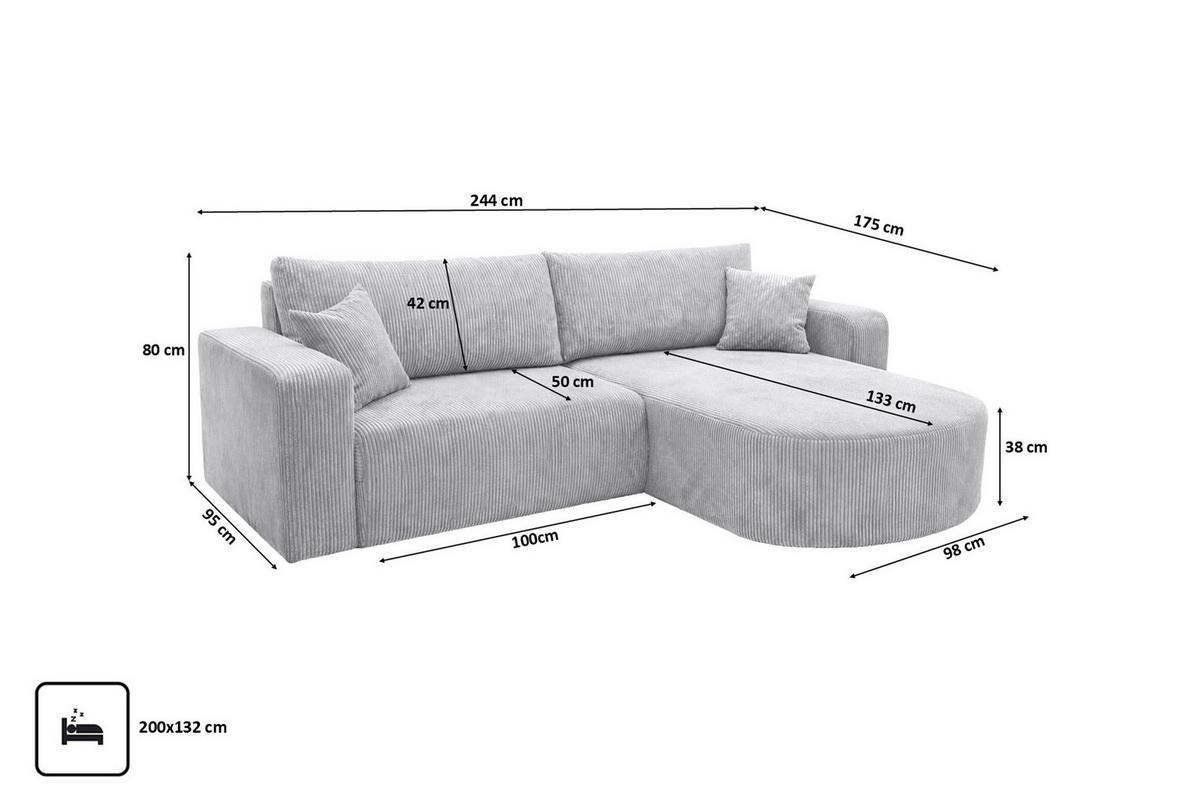 ECKSOFA Mit Schlaffunktion, Cordstoff Poso, Hellgrau, Rechts, ROUND ONE - Hellgrau, Holz (244/175cm) - Kaiser Möbel