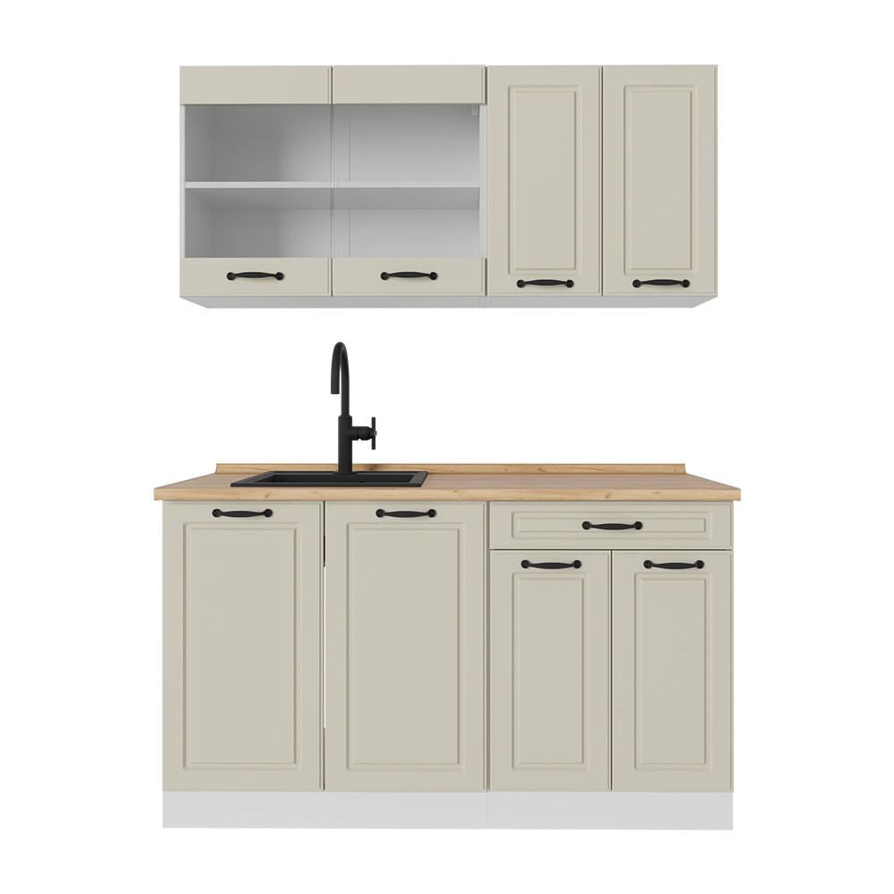 SINGLEKÜCHE R-Line, Sand Landhaus/Weiß, 140 cm Arbeitsplatte Goldkraft Eiche - Beige/Weiß, Holzwerkstoff (140/81.6/60cm) - Vicco
