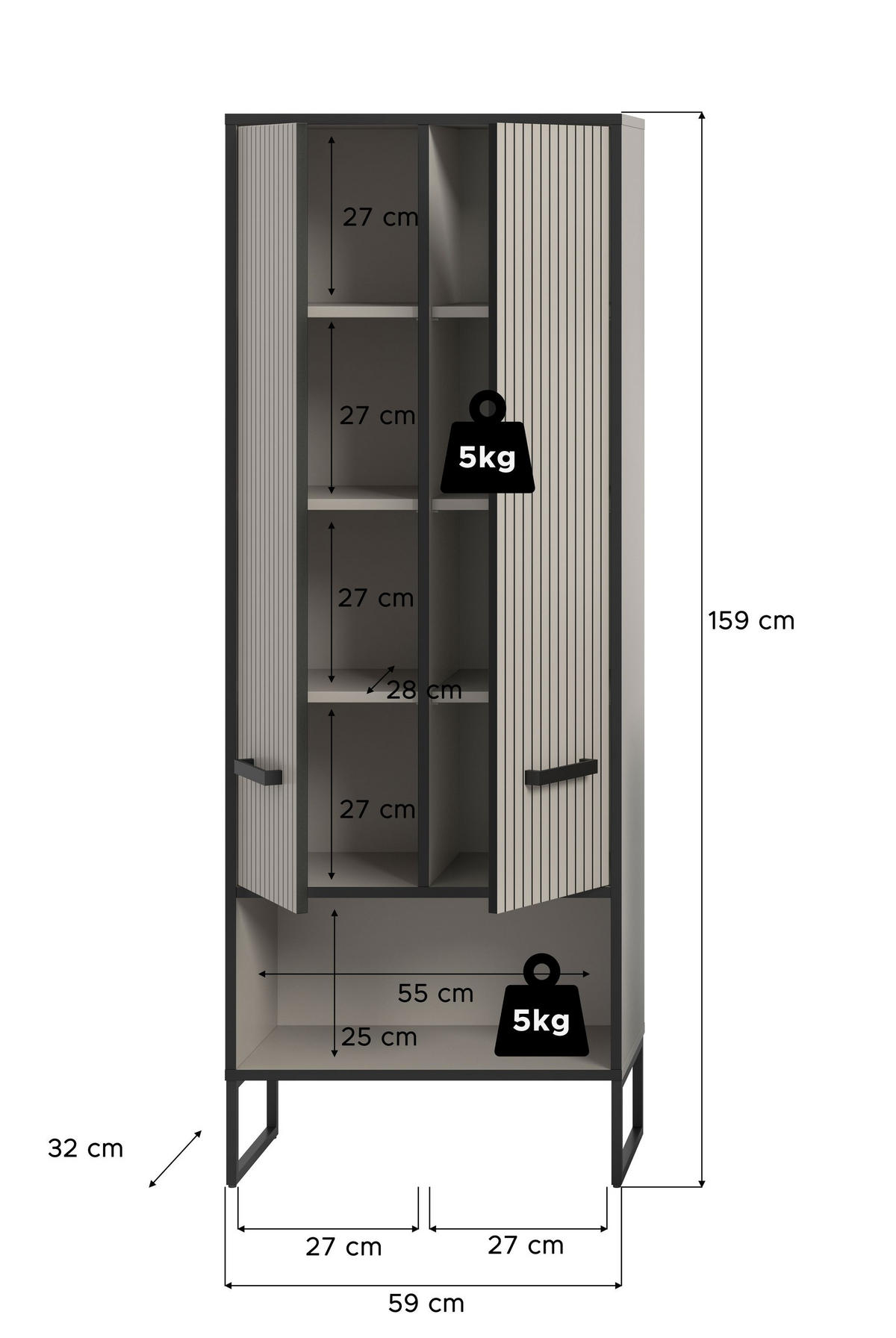 HOCHSCHRANK Bagno Bad in Kaschmir Nachbildung und schwarz - modernes Design - B/H/T: 59x159x32 cm - Kaschmir, Holzwerkstoff (59/159/32cm)