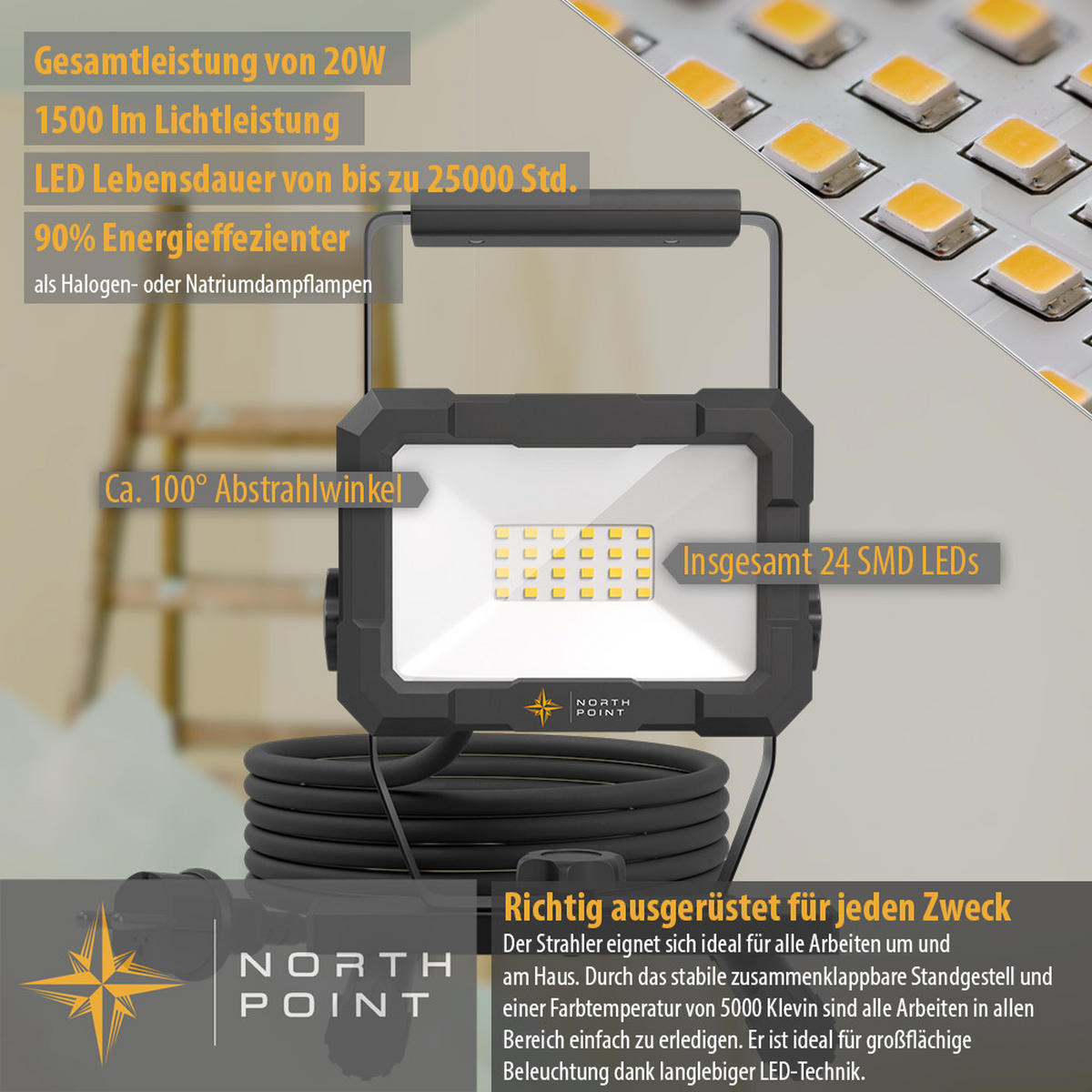 LED-BAUSTRAHLER mit Standfuß - 20W für handwerkliche Tätigkeiten im Innen- und Außenbereich, 2er-Set - Schwarz, Metall (16.3/16/24cm) - Northpoint