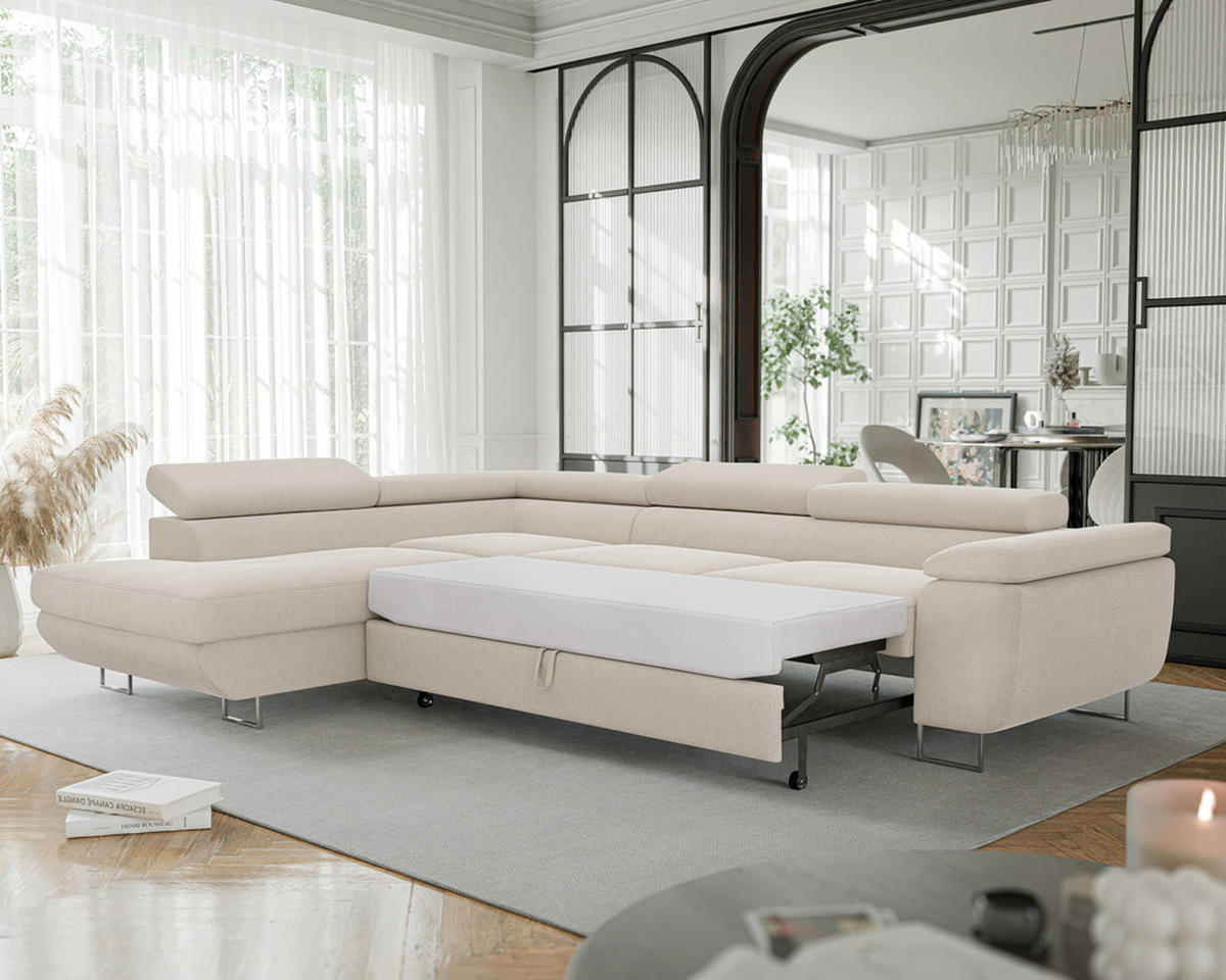 ECKSOFA ANTON mit Schlaffunktion und Bettkasten Creme - Creme, Holzwerkstoff/Kunststoff (274/203cm) - Idohome