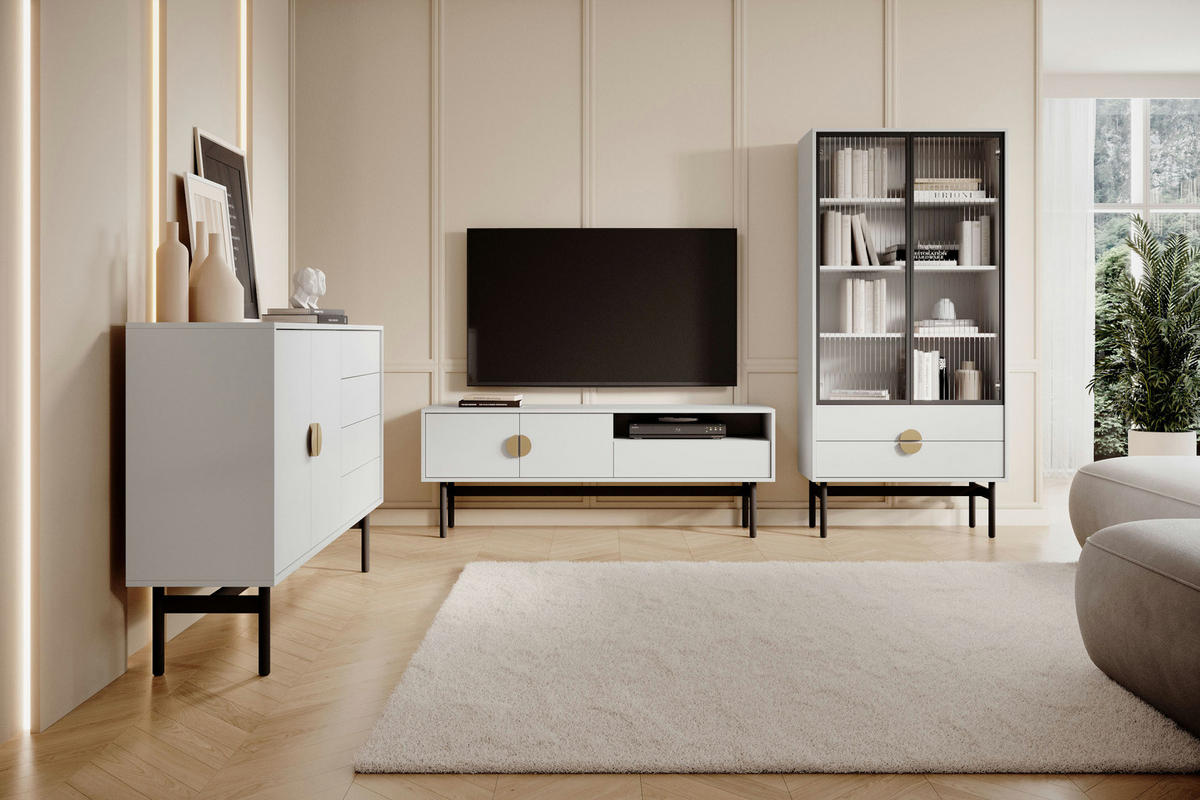 VITRINE Stoon Weiß 175 cm - Goldfarben/Schwarz, Holzwerkstoff/Metall (85.5/179/41cm) - Selsey