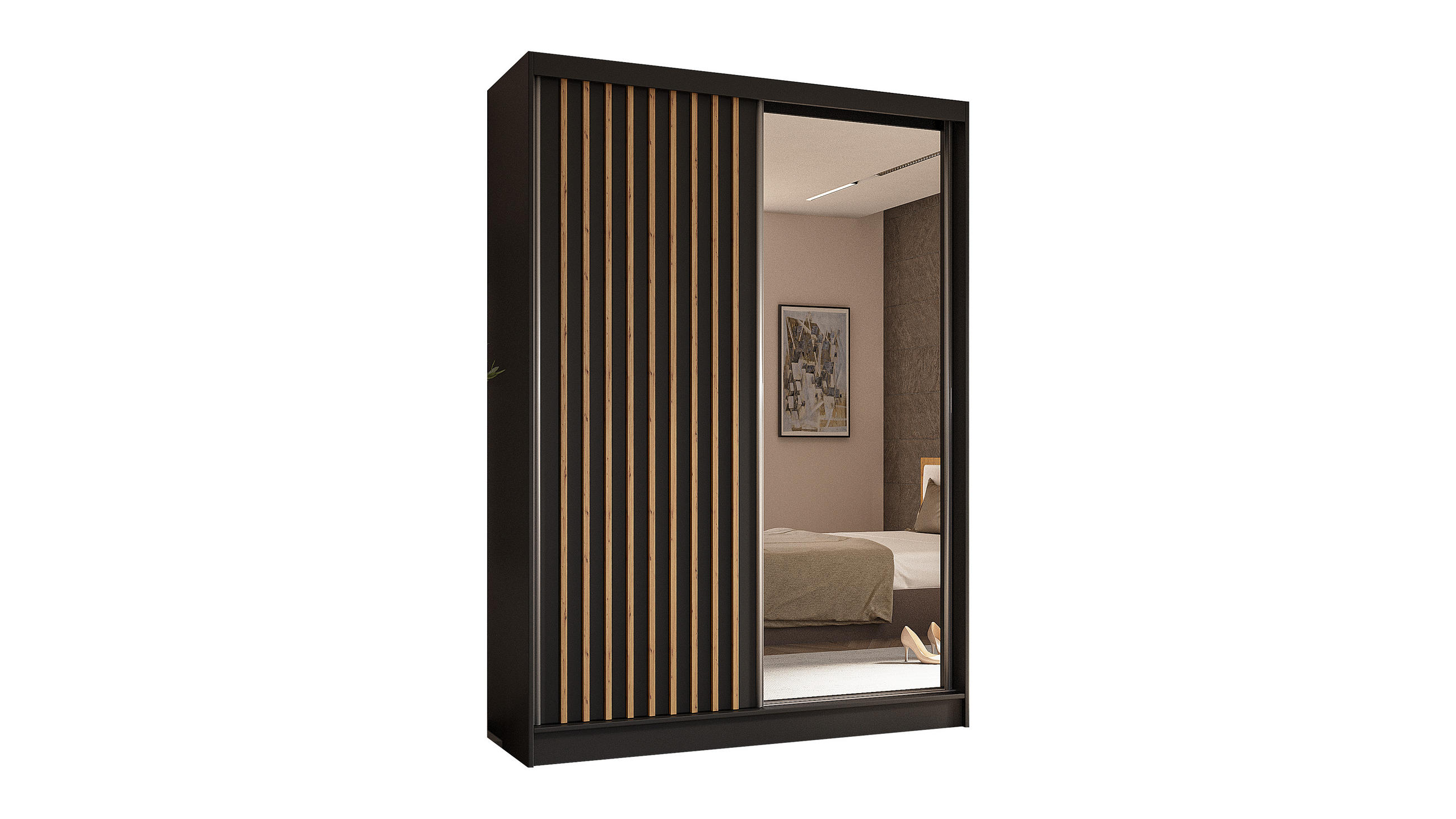 KLEIDERSCHRANK mit Spiegel-Schiebetüren und Aluminium-Leisten - LAMELO - 150 cm Schwarz+Schwarz+ Artisan - Schwarz/Eiche Artisan, Holzwerkstoff (150/216/61cm) - ALTDECOR