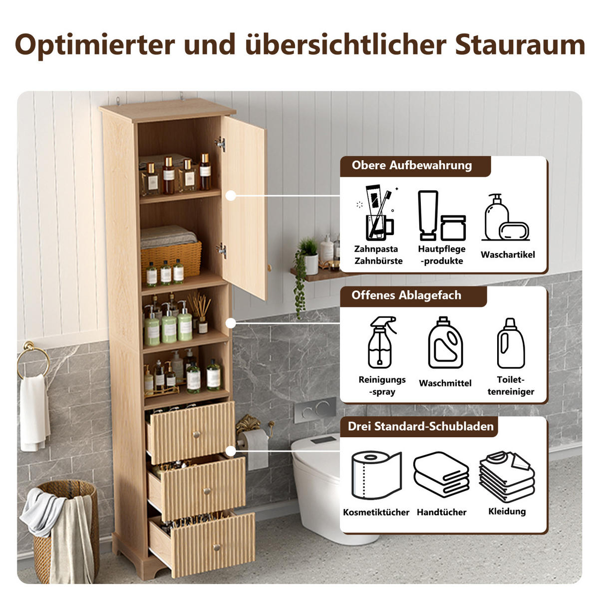 BADEZIMMER Hochschrank mit vertikalem Streifenmuster, Schubladen, offene Regalböden, Naturholzfarbe - Naturfarben, Holz (40/172/30cm) - PARAFTA HOME