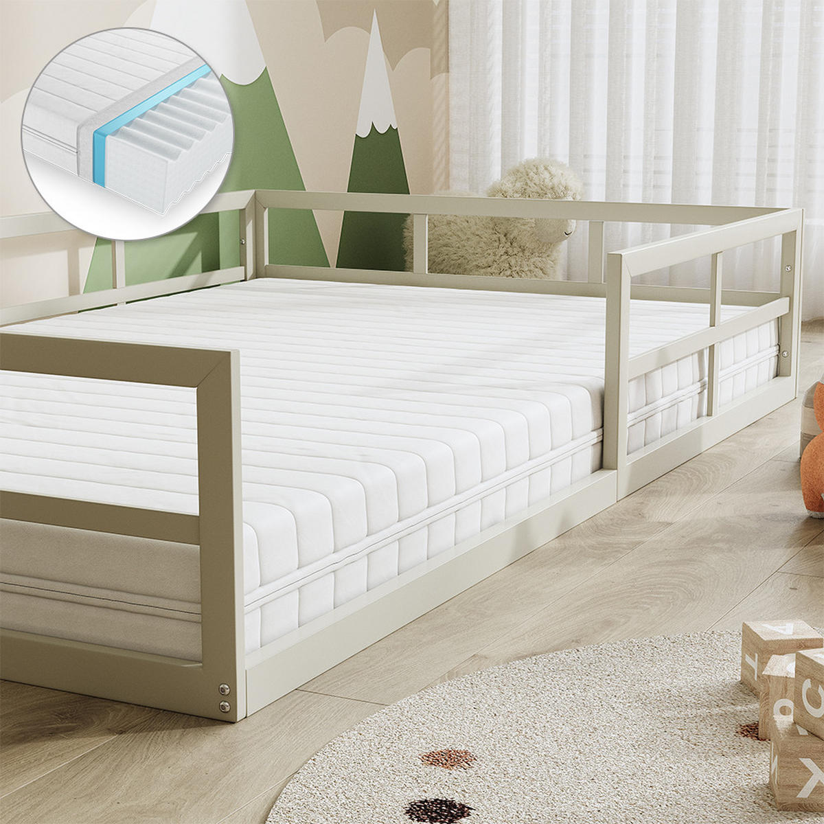 BODENBETT AUS METALL Minno Greige 120x200 mit Matratze - Greige, Metall - VitaliSpa