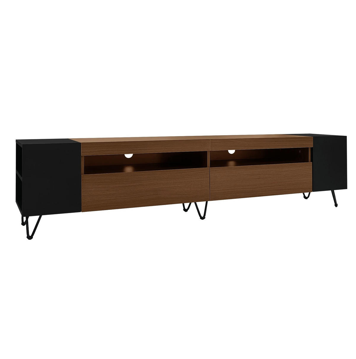 TV-SCHRANK aus MDF und Spanplatte 180x36x43 cm Schwarz/Holzoptik mit 2 Türen, offenen Fächern und Kabeldurchlässen - Schwarz, Holzwerkstoff (180/43/36cm) - Modfu
