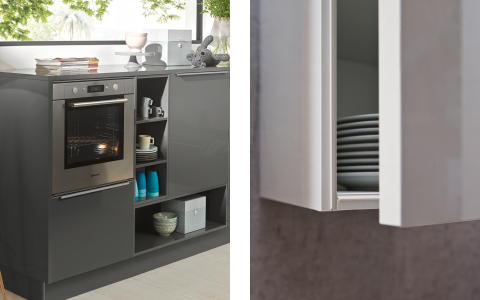 Graue Küche von Dieter Knoll, Hängeschrank offen