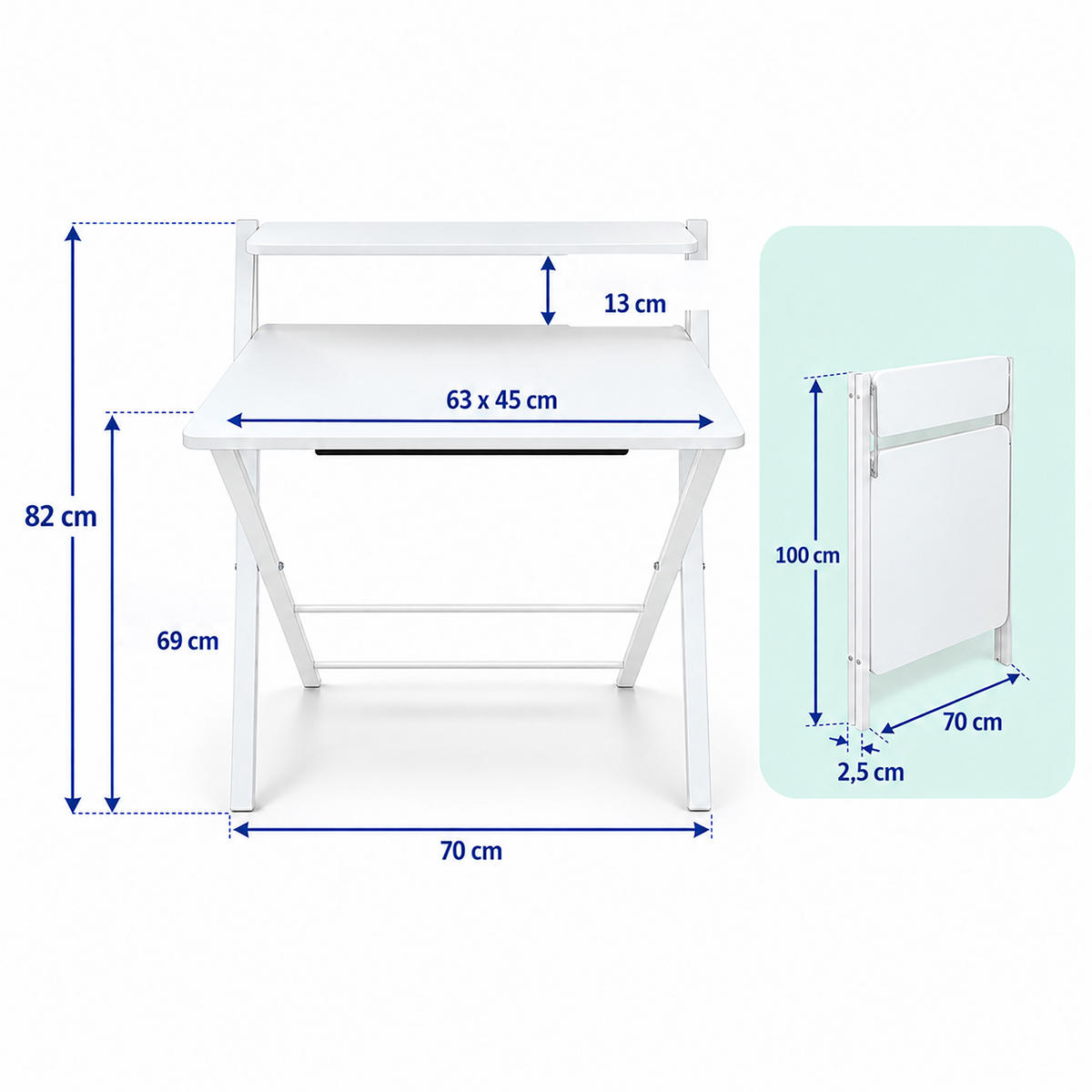 SCHREIBTISCH Weiß klappbar mit Monitoraufsatz 70x56 cm - Weiß, Holzwerkstoff/Metall (56/70/82cm) - Relaxdays
