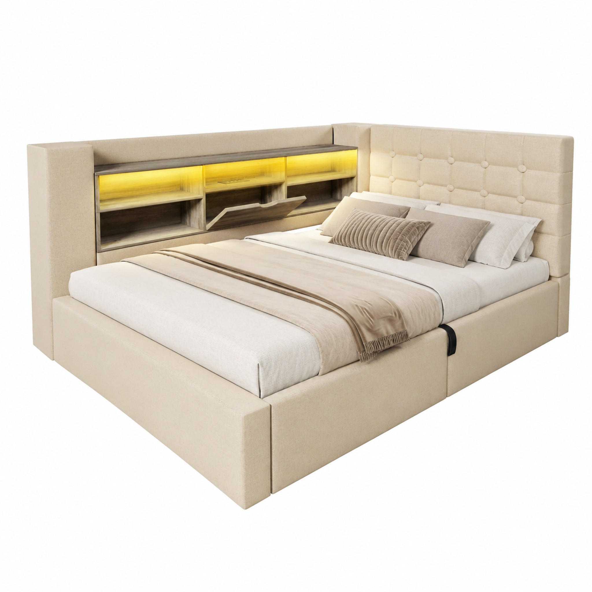 BETT mit Stauraum und LED 90x200 cm Leinen Beige - Beige, Metall (90/200cm) - Meubliv