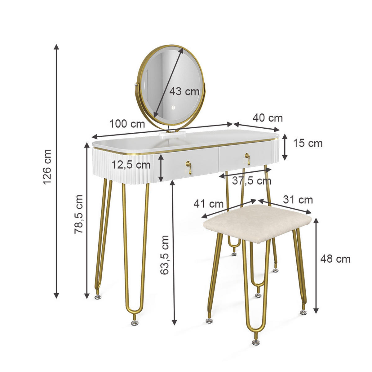 SCHMINKTISCH Grace Weiß 100 cm mit LED Beleuchtung und Hocker - Weiß Hochglanz, Holzwerkstoff (100/126/40cm) - Vicco