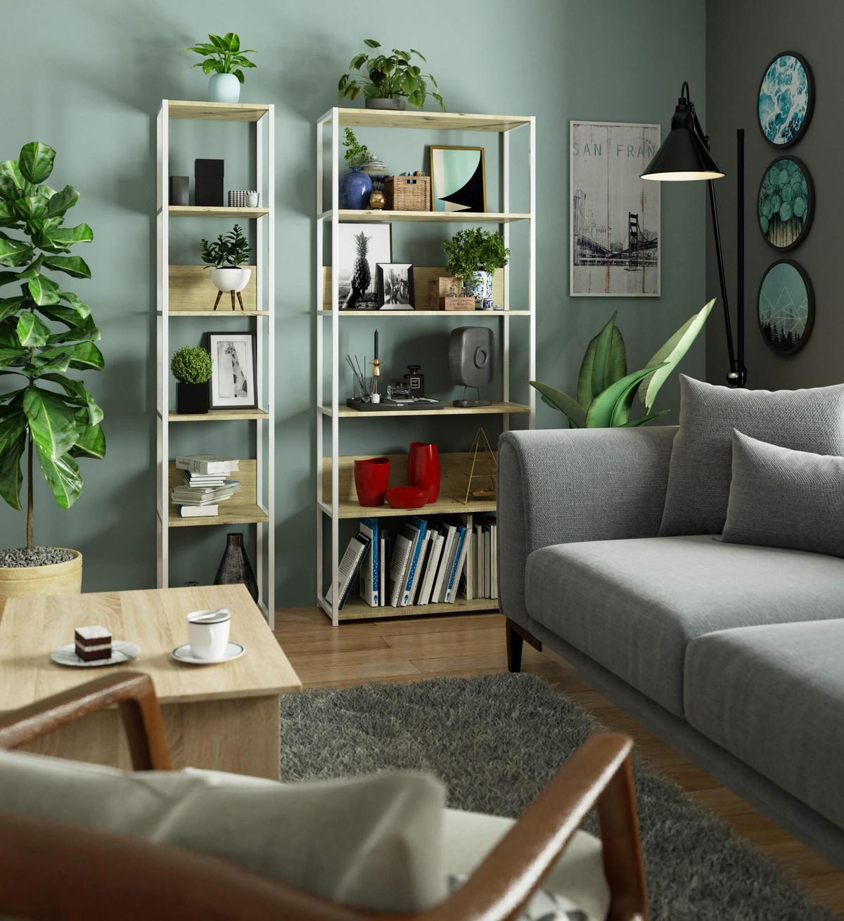 LOFT-REGAL Weiß, Eiche Artisan 40x192x32 cm - Weiß/Eiche Artisan, Holzwerkstoff/Metall (40/192/32cm) - Akord