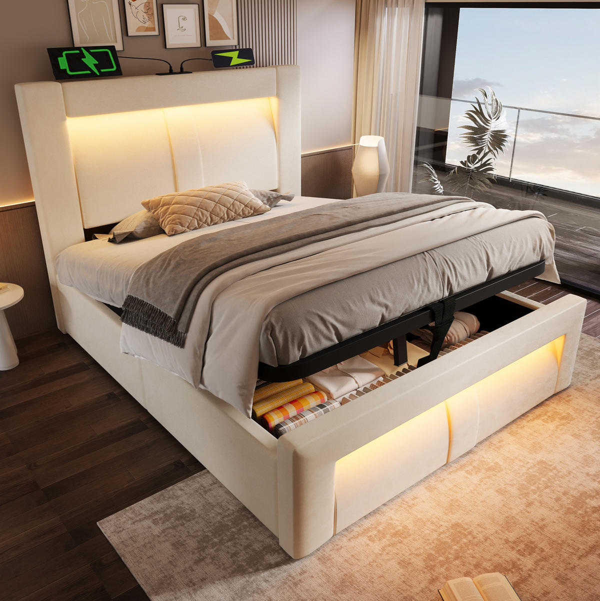 BETT mit Stauraum 90x200 cm Samt Beige inkl. Matratze - Beige, Metall (90/200cm) - Meubliv