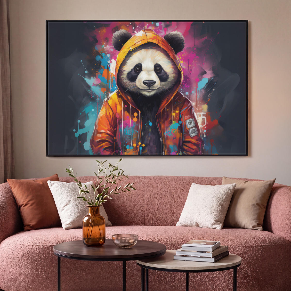 LEINWAND Bilder mit Rahmen - Panda - Jacke - Graffiti - Orange - 140x90 - Orange, Textil (140/90cm) - MuchoWow