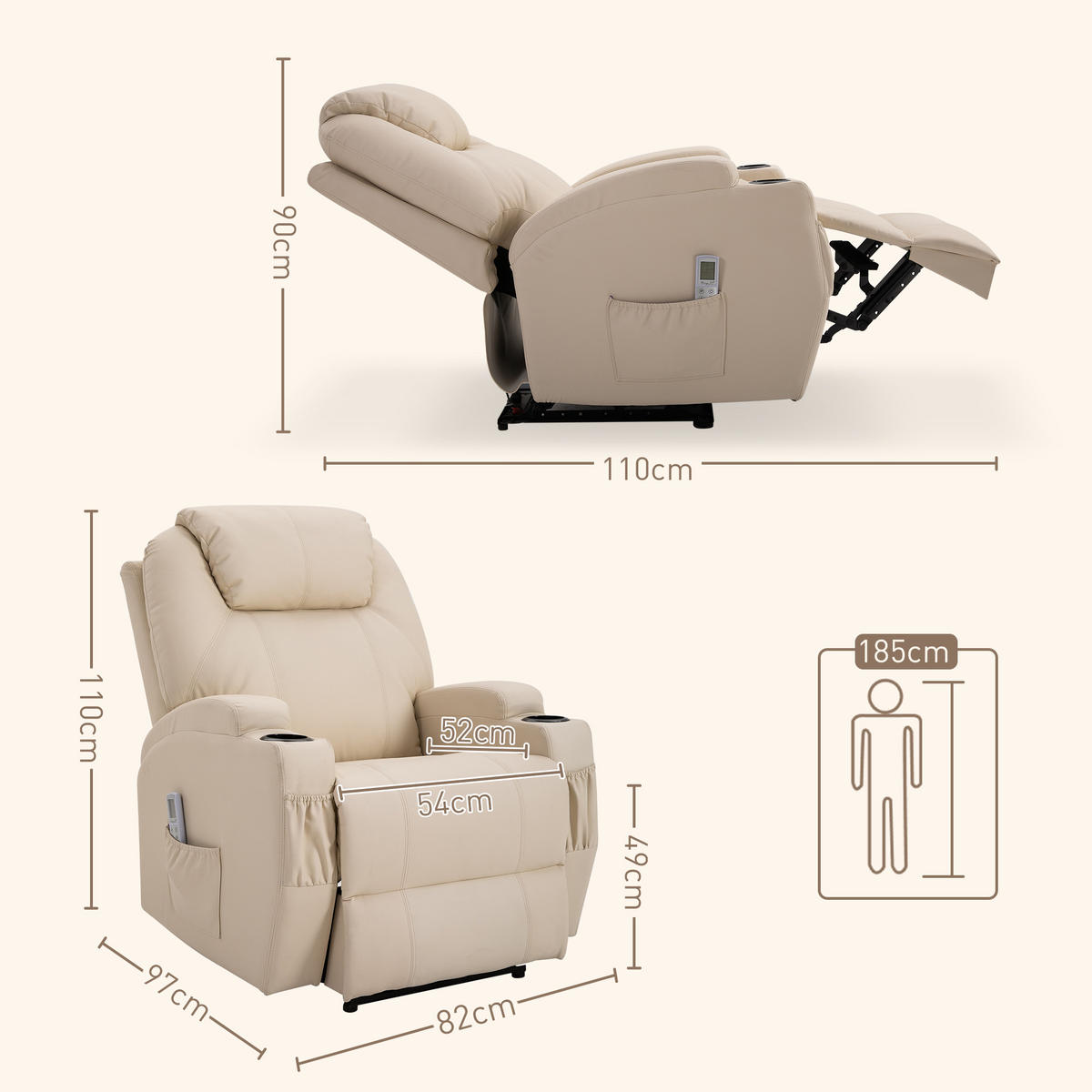 ELEKTRISCHER Relaxsessel mit Massagefunktion, Liegefunktion 82/97/110 cm Beige - Beige, Kunststoff (97/110/82cm) - Redom