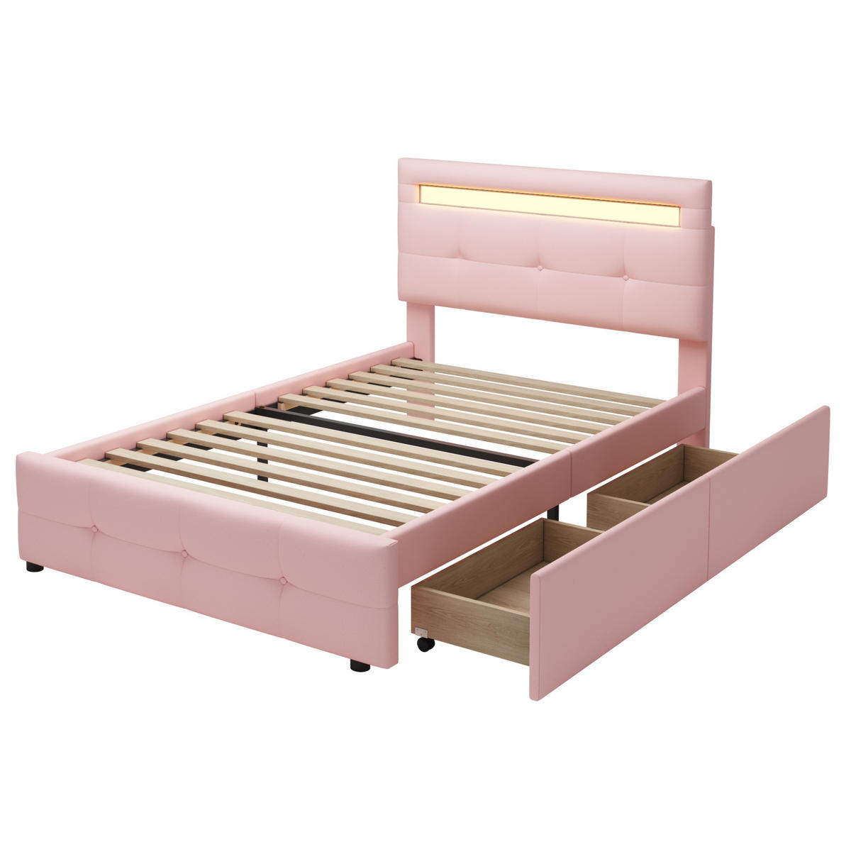 POLSTERBETT 90/200 cm aus Holz mit LED-Beleuchtung und 2 Schubladen Rosa - Pink, Textil (90/200cm) - Modenvie