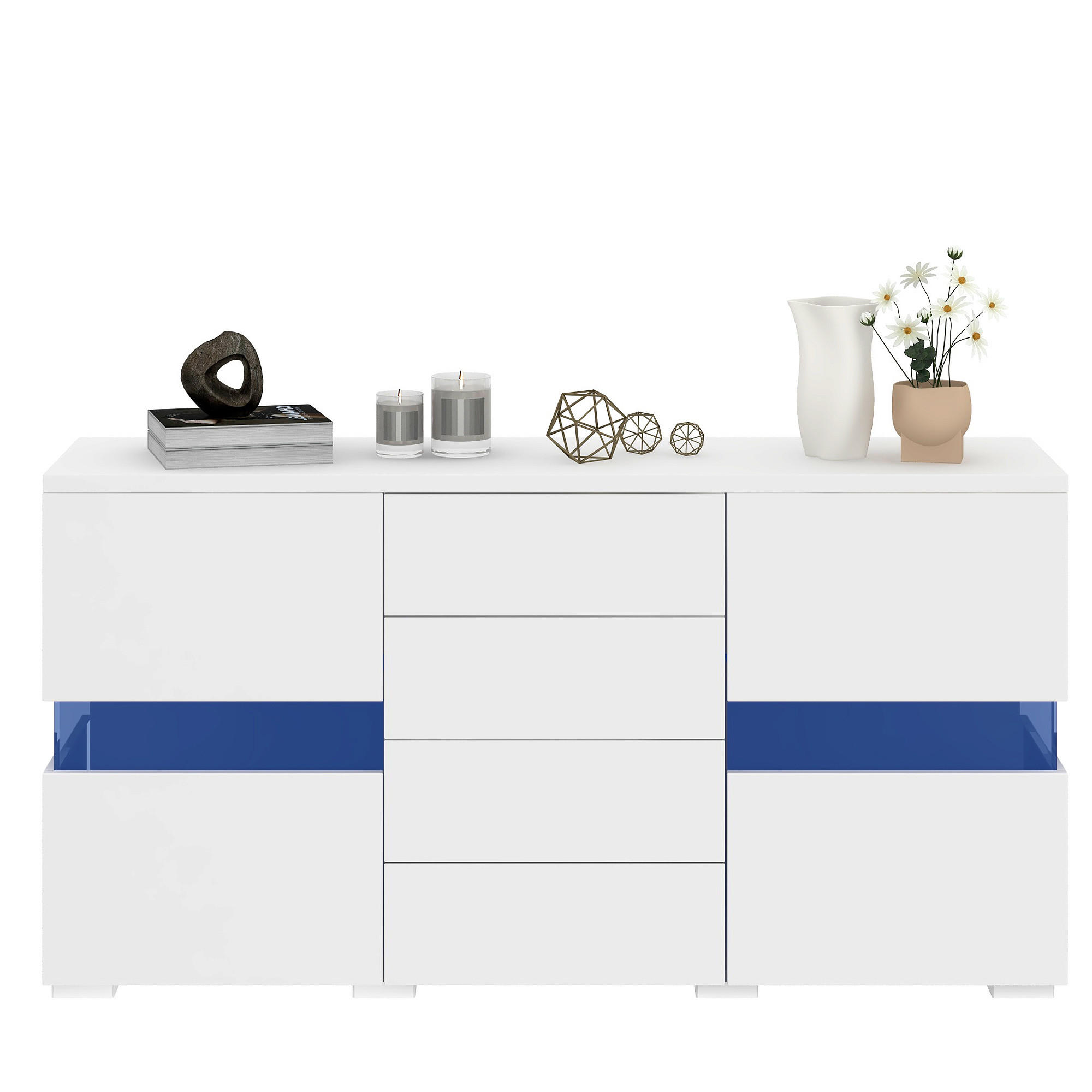 SIDEBOARD 140/35/72 cm, Hochglanz-Front, 2 Acryltüren und 4 Schubladen, 16-Farben RGB-LED, Weiß - Weiß, Holzwerkstoff (140/72/35cm) - Redom