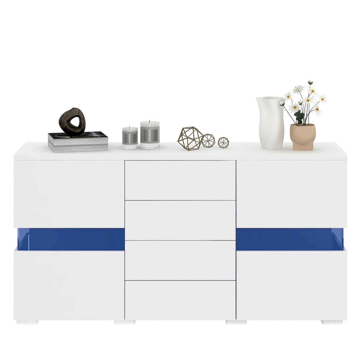SIDEBOARD 140/35/72 cm, Hochglanz-Front, 2 Acryltüren und 4 Schubladen, 16-Farben RGB-LED, Weiß - Weiß, Holzwerkstoff (140/72/35cm) - Redom