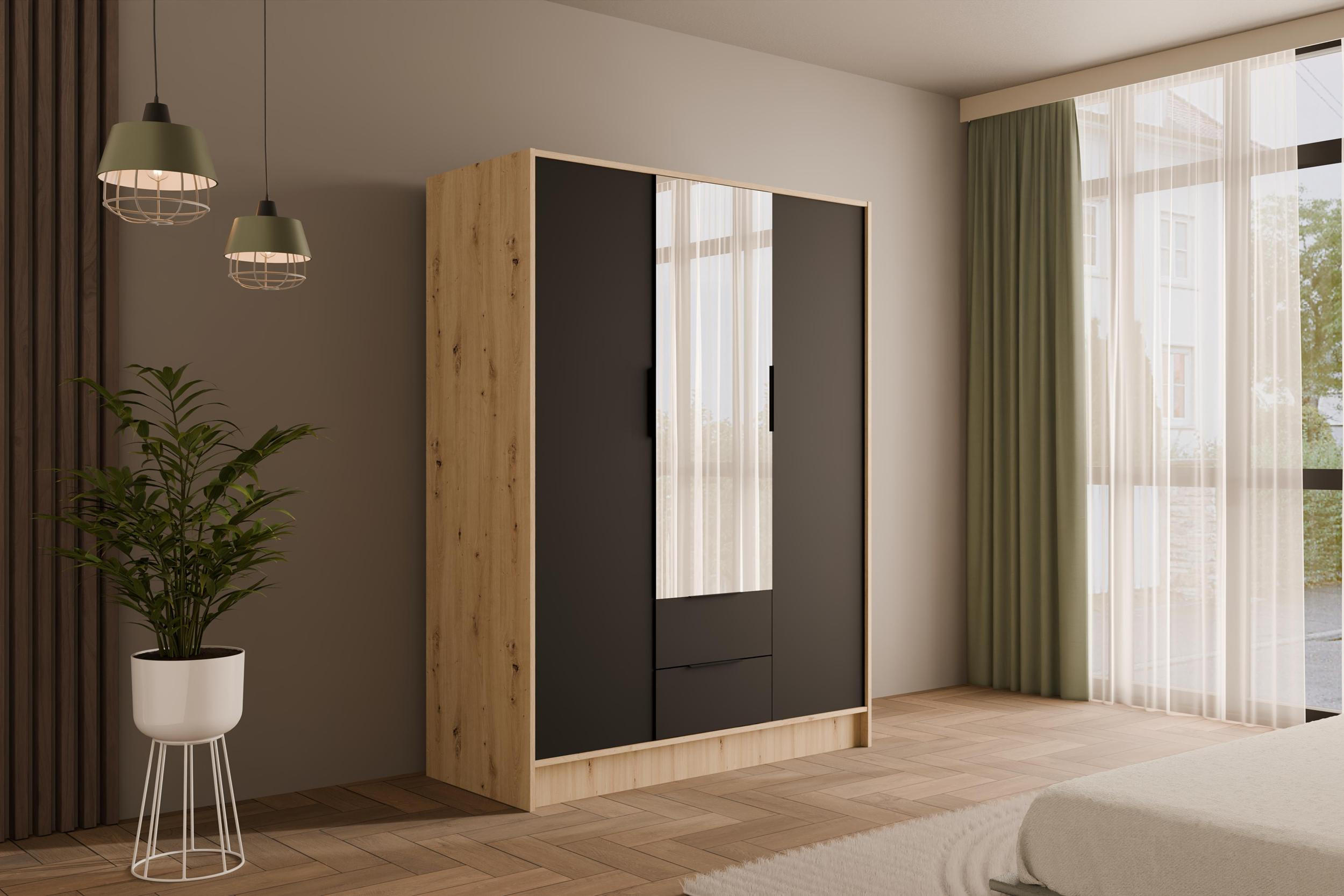 KLEIDERSCHRANK mit Spiegel und Flügeltüren KOLIN 150x200cm Artisan/Schwarz - Schwarz/Eiche Artisan, Holzwerkstoff (150/200/51cm) - ALTDECOR