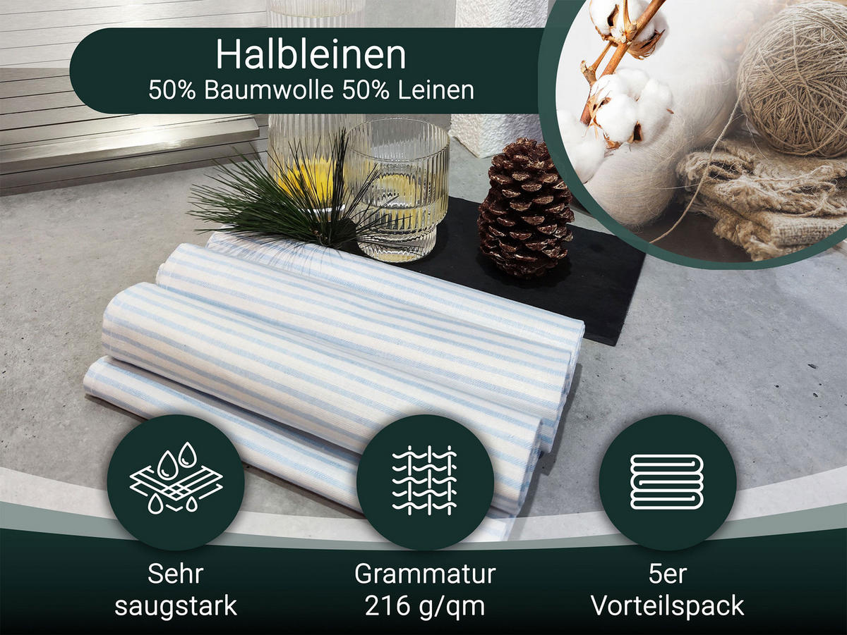 GESCHIRRTÜCHER, 4er-Set, 50x70 cm, 50% Baumwolle, 50% Leinen, Blau - Hellblau, Textil (50/70cm) - Zollner