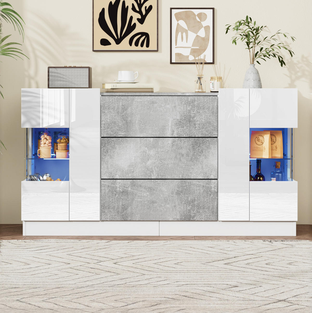 SIDEBOARD mit LED-Beleuchtung 140 x 35 x 75 cm Weiß Marmorlook - Weiß, Glas (140/75/35cm) - Meubliv