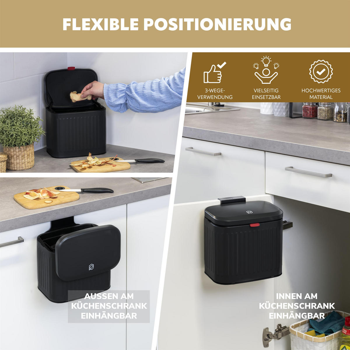 ABFALLEIMER 3 Liter, schwarz - Schwarz, Metall (22.5/20/16.5cm) - eluno