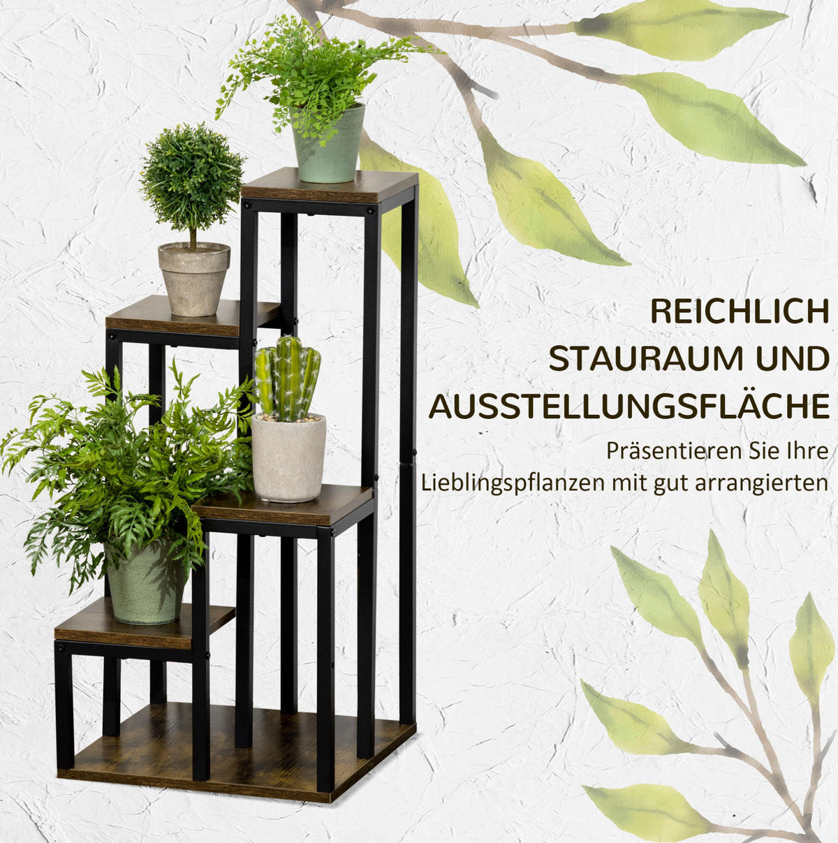 BLUMENTREPPE aus Metall & Spanplatte 40x40x81 cm in Braun mit 4 Ebenen - Braun, Metall (40/81/40cm) - Modfu