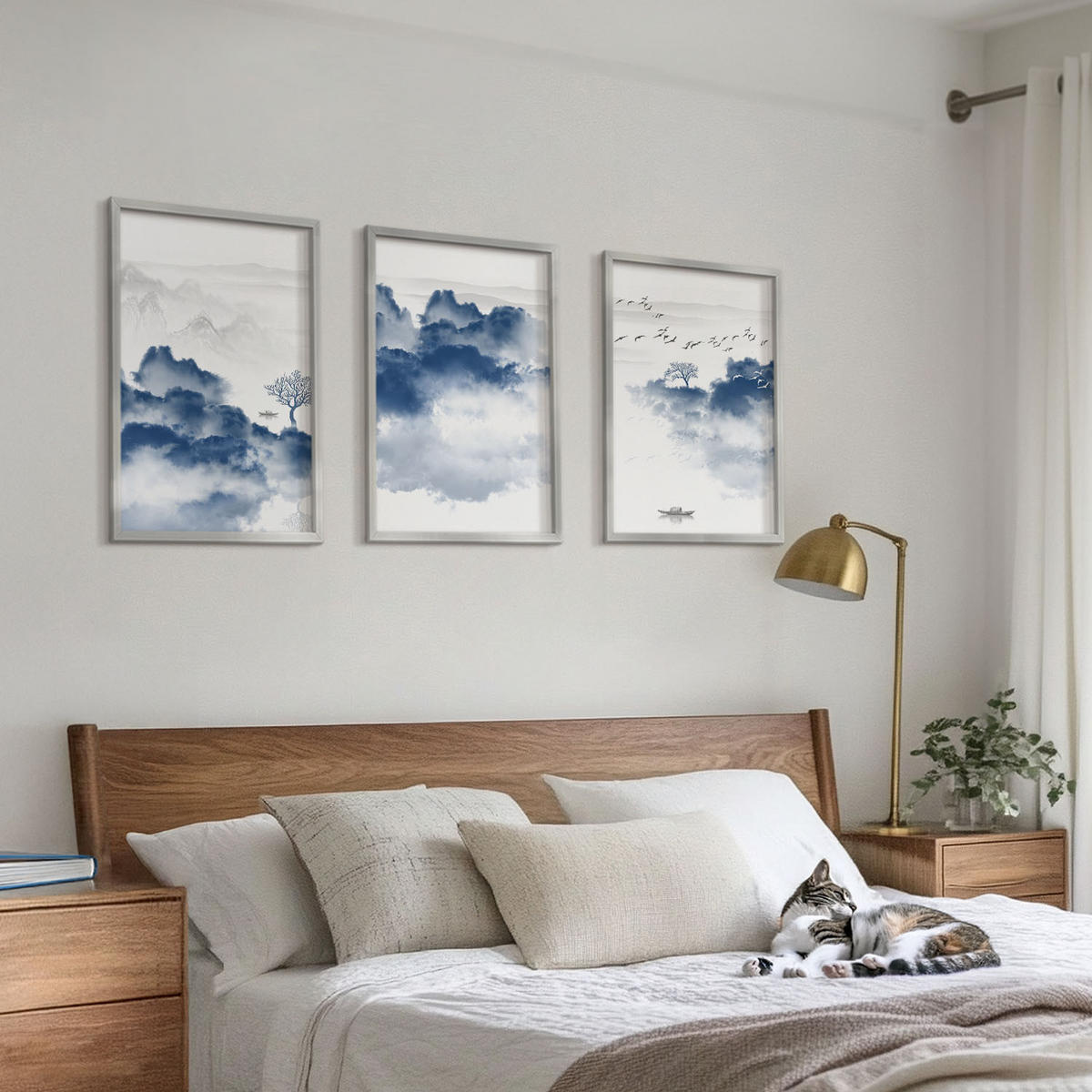 BILDER SET 3er Set - 40x60 cm Silberner Rahmen - Berge, Wolken, Bäume, Vögel - Silberfarben, Kunststoff (40/60cm) - TULUP