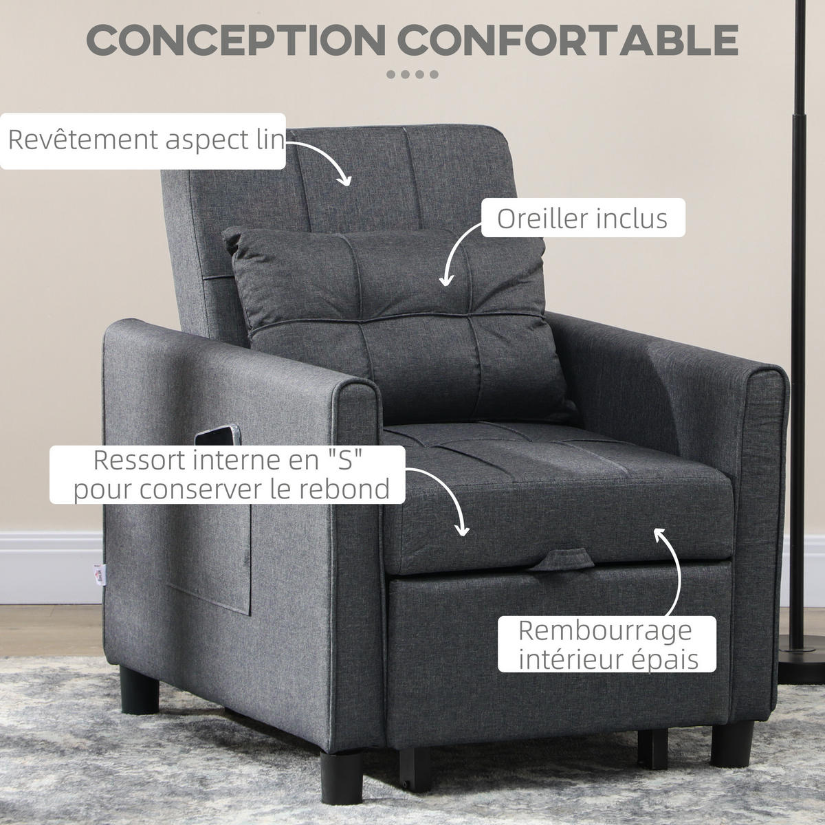 SCHLAFSESSEL 3-in-1 DE-14606 mit 3-fach verstellbarer Rückenlehne Grau - Grau, Metall (69/85/82cm) - ComfortXL