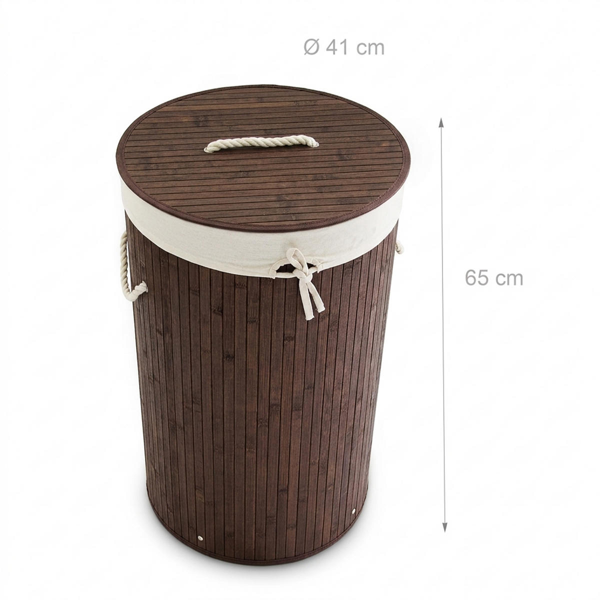 KOŠ ZA PERILO rjava bambus okrogel s pokrovom zložljiv 70 l - rjava, tekstil/les (41/65/41cm) - Relaxdays