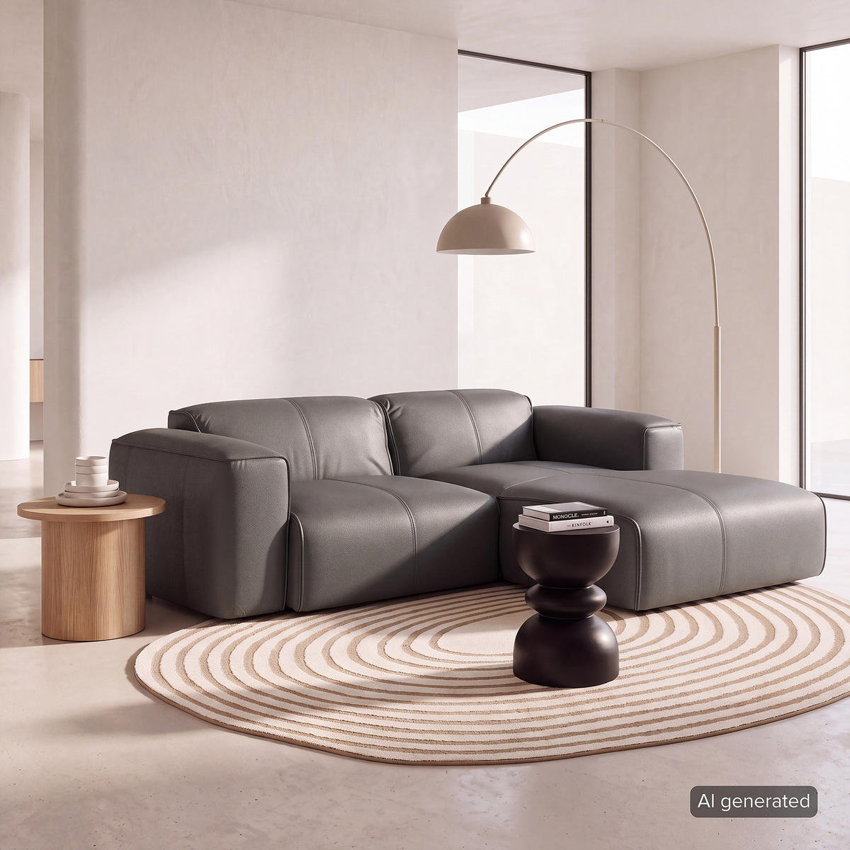 ECKSOFA mit XL-Longchair - Schwarz/Grau, Leder/Kunststoff (260/171cm) - home24