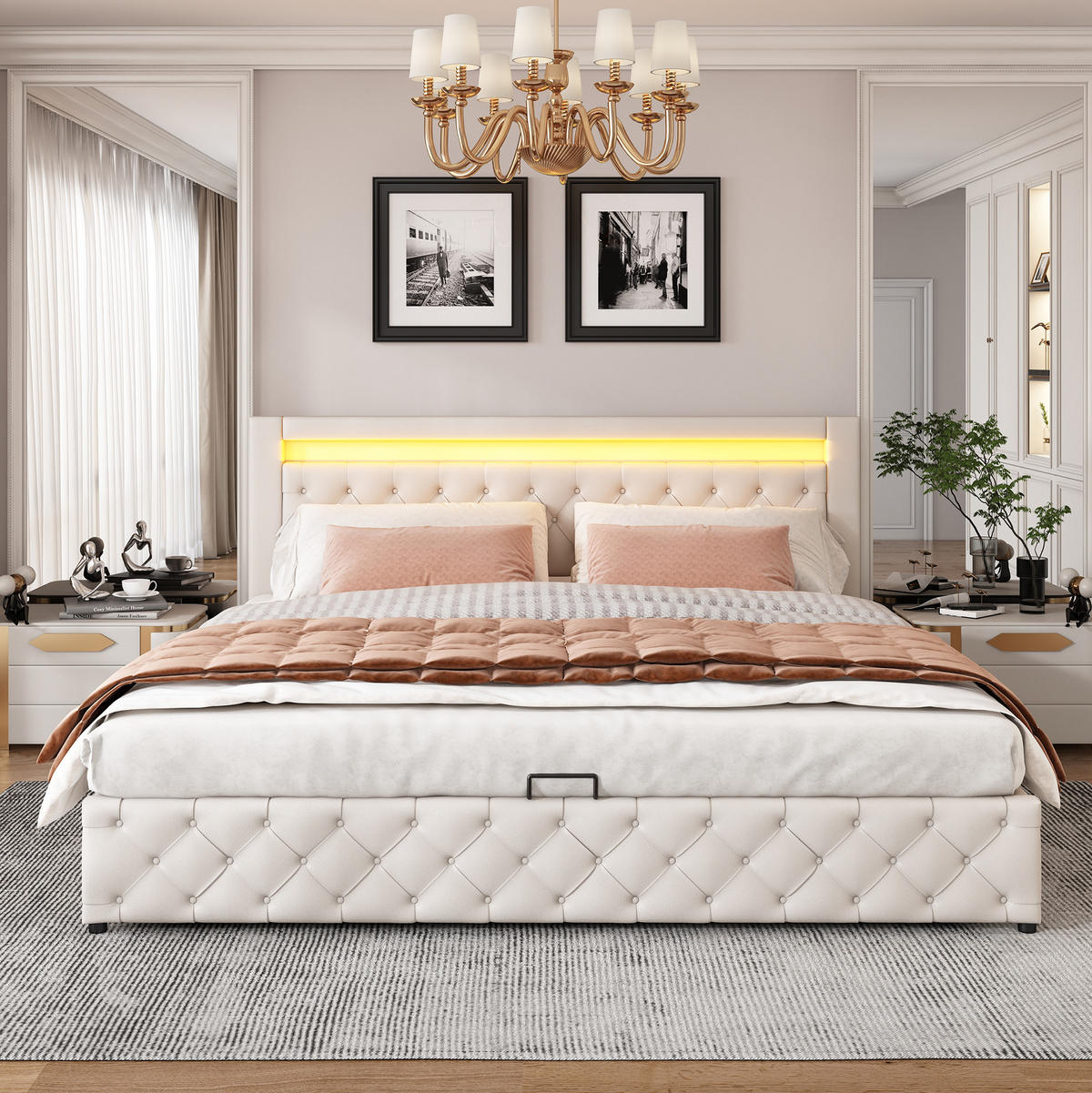 POLSTERBETT aus PU 180x200 cm Weiß mit Bettkasten, LED-Beleuchtung und Lattenrost - Weiß, Leder (180/200cm) - IVMEU
