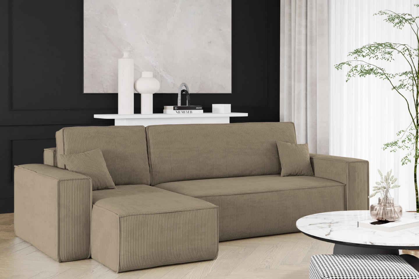 ECKSOFA Mit Schlaffunktion Und Bettkasten BEST Stoff Poso Dicker Cord Dunkelbeige Links - Cappuccino, Holz/Textil (142/244cm) - Kaiser Möbel